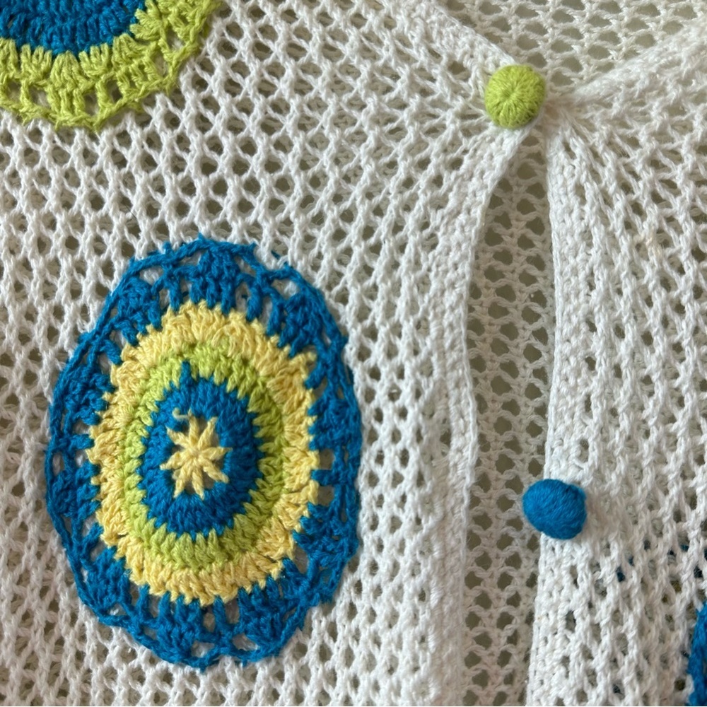 Breckenridge Women's Cream Crochet Cardigan with Blue and Green Accents - Picture 3 of 6